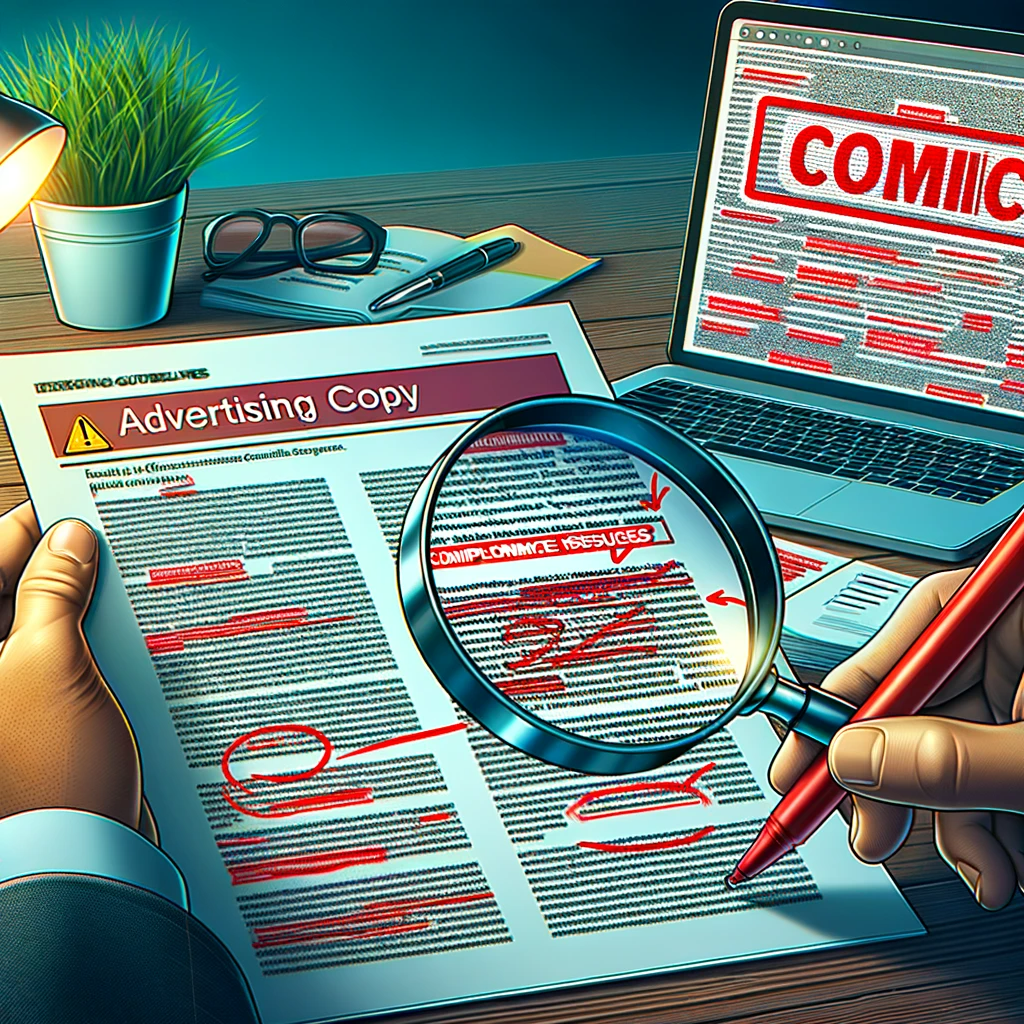DALL·E 2023-12-24 21.36.25 - 1. A professional reviewing and marking a printed advertising copy with a red pen, highlighting compliance issues. The scene includes a desk with the .png